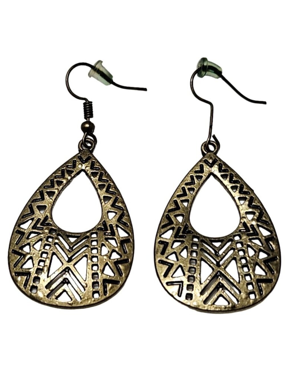 Vintage Teardrop Dangle Earrings Gold Tone Geometric Cutout Openwork Boho Artsy